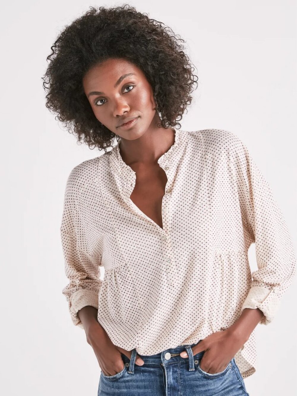 Lucky Brand Gauze Mix Long Sleeve Henley Top in Natural Multi XL